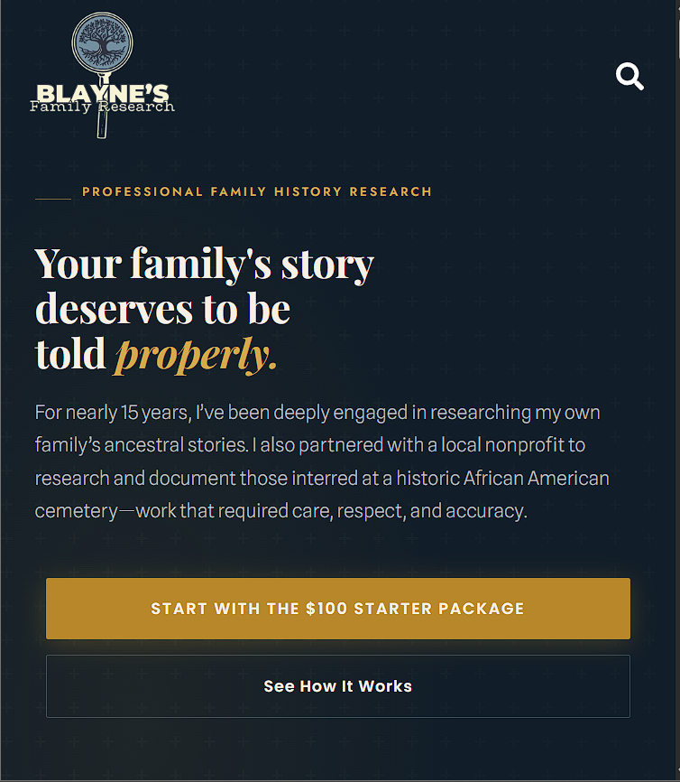 Blayne's Family Research website redesign shown in browser style presentation